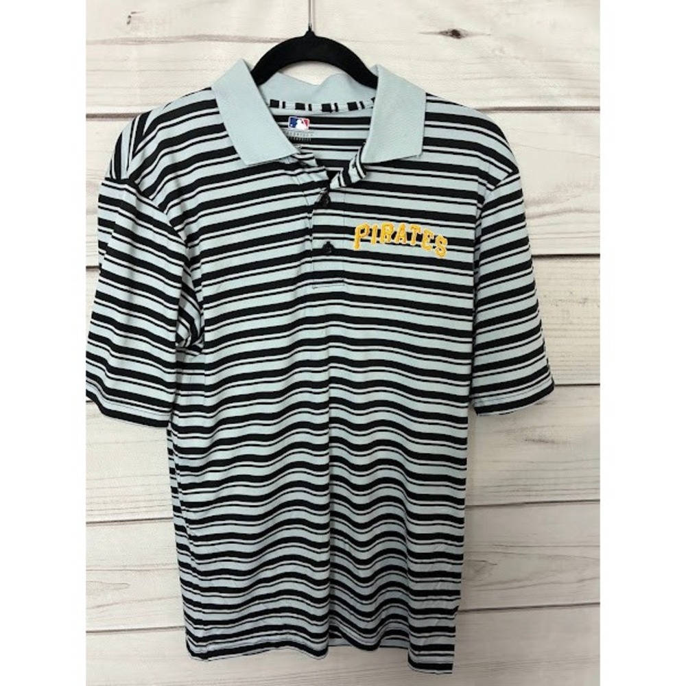 MLB Pittsburgh Pirates Mens Small Polo Shirt Striped Blue Black Baseball Fanwear